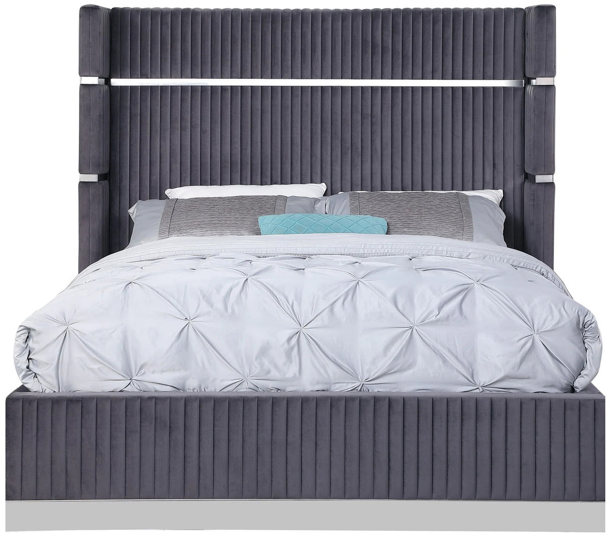 MENEFE Gray Velvet & Chrome 66" Height Platform Bed