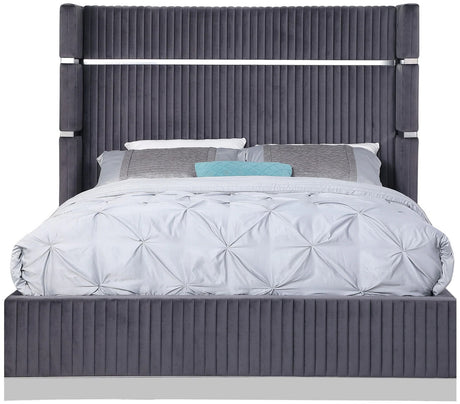 MENEFE Gray Velvet & Chrome 66" Height Platform Bed