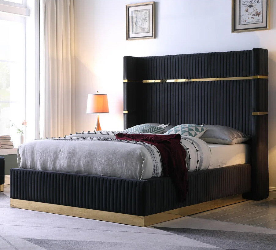 MENEFE Black Velvet & Gold 66" Height Platform Bed