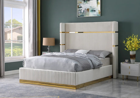 MENEFE Cream Velvet & Gold 66" Height Platform Bed
