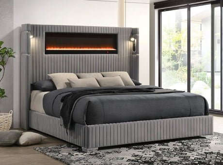 MILLIE Gray Velvet Platform Bed with Fireplace & Bluetooth