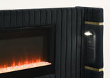 MILLIE Black Velvet Platform Bed with Fireplace & Bluetooth