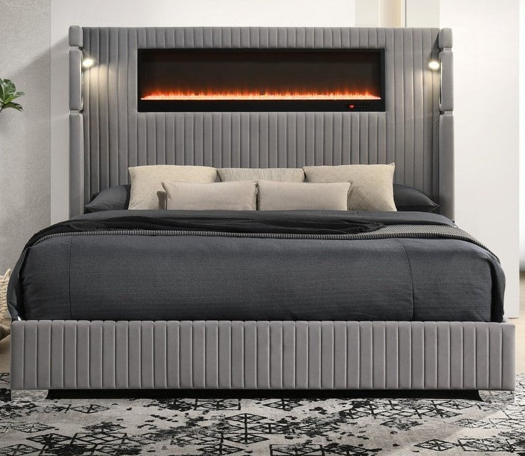 MILLIE Gray Velvet Platform Bed with Fireplace & Bluetooth