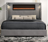 MILLIE Gray Velvet Platform Bed with Fireplace & Bluetooth