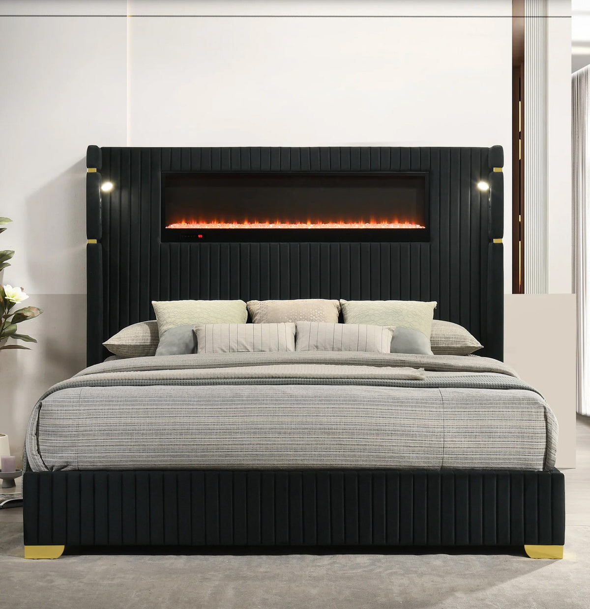 MILLIE Black Velvet Platform Bed with Fireplace & Bluetooth
