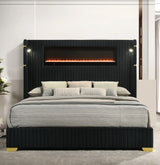 MILLIE Black Velvet Platform Bed with Fireplace & Bluetooth