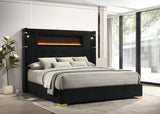 MILLIE Black Velvet Platform Bed with Fireplace & Bluetooth
