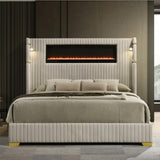 MILLIE Beige Velvet Platform Bed with Fireplace & Bluetooth