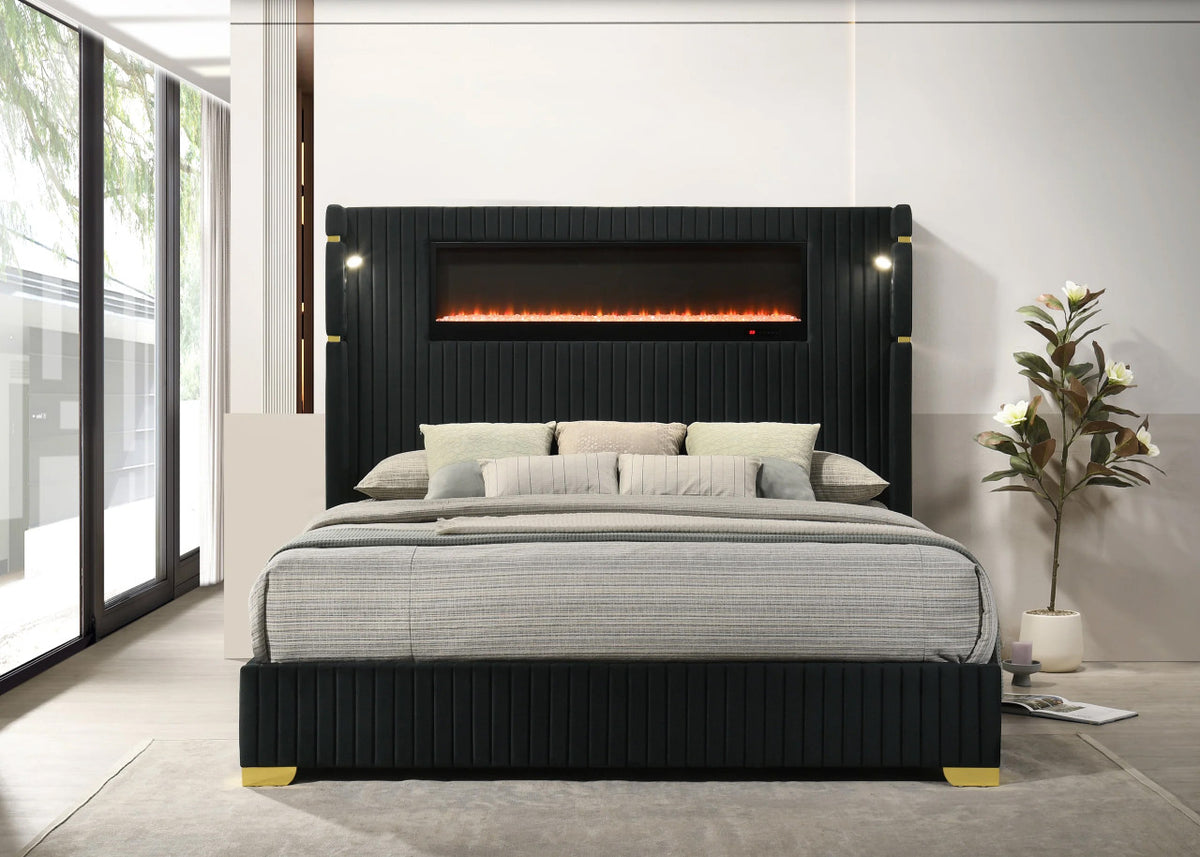 MILLIE Black Velvet Platform Bed with Fireplace & Bluetooth