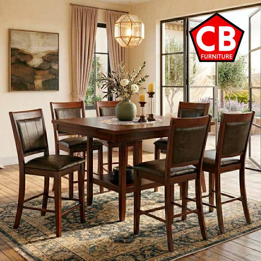 MITCHELL Dark Brown 7 Piece Counter Height Set with Lazy-Susan