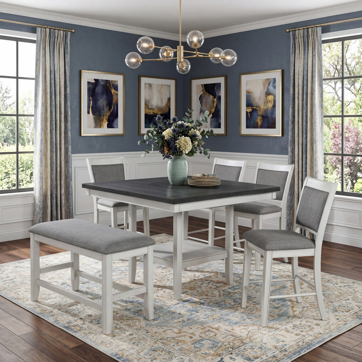 MITCHELL White & Gray 6 Piece Counter Height Set with Lazy-Susan