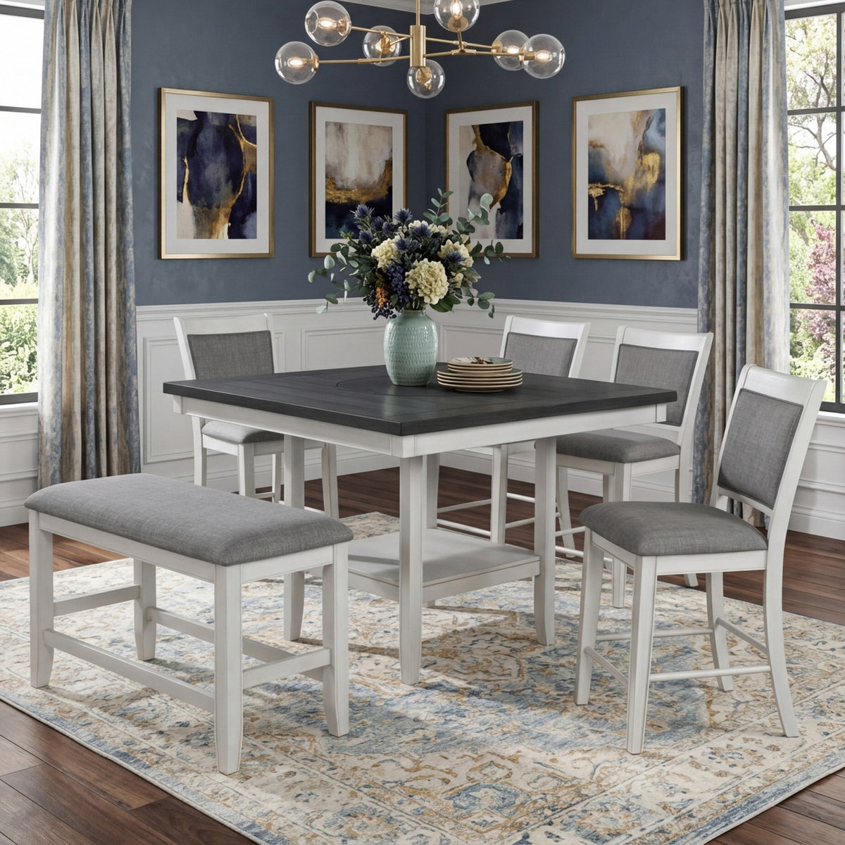 MITCHELL White & Gray 6 Piece Counter Height Set with Lazy-Susan