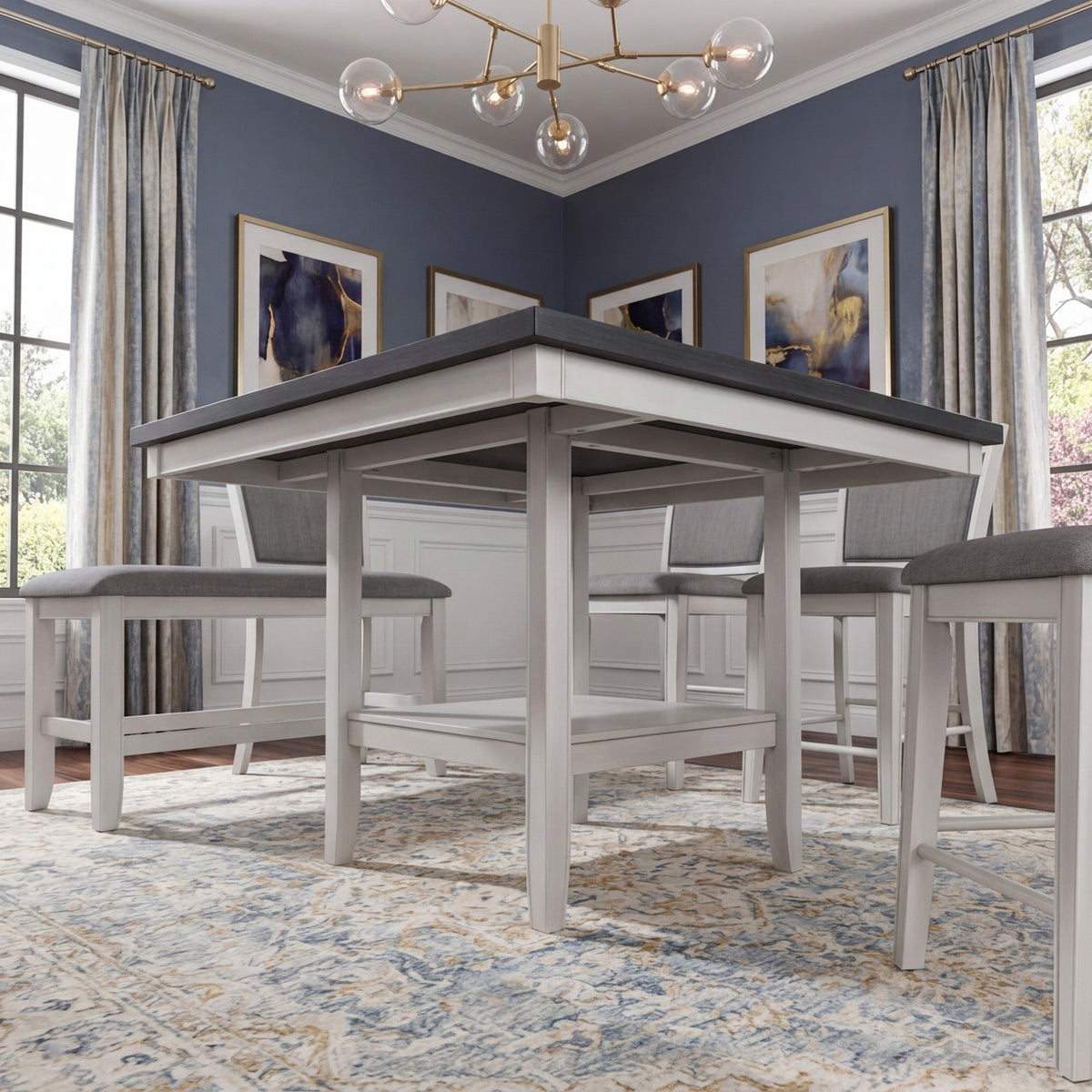 MITCHELL White & Gray 6 Piece Counter Height Set with Lazy-Susan