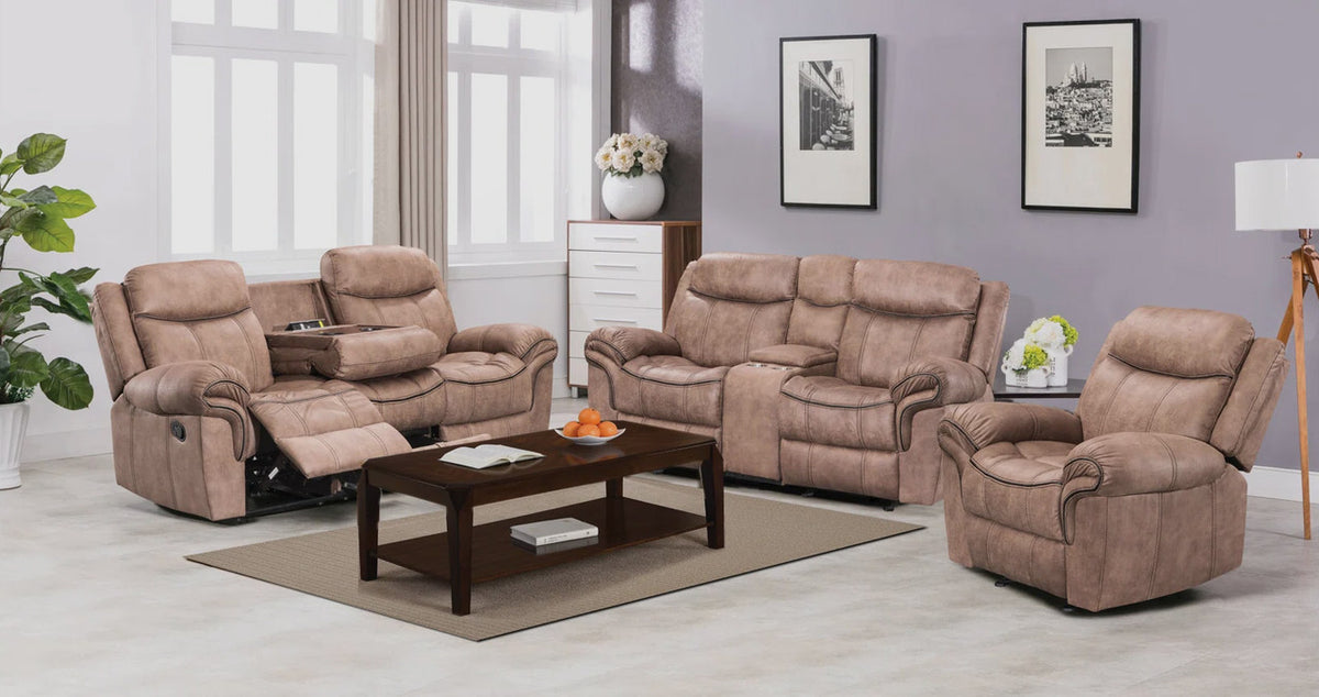 MORGEN Sand Micro-Suede Gliding Reclining Sofa & Loveseat with Pull-Out Drawer