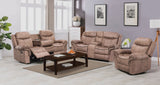 MORGEN Sand Micro-Suede Gliding Reclining Sofa & Loveseat with Pull-Out Drawer