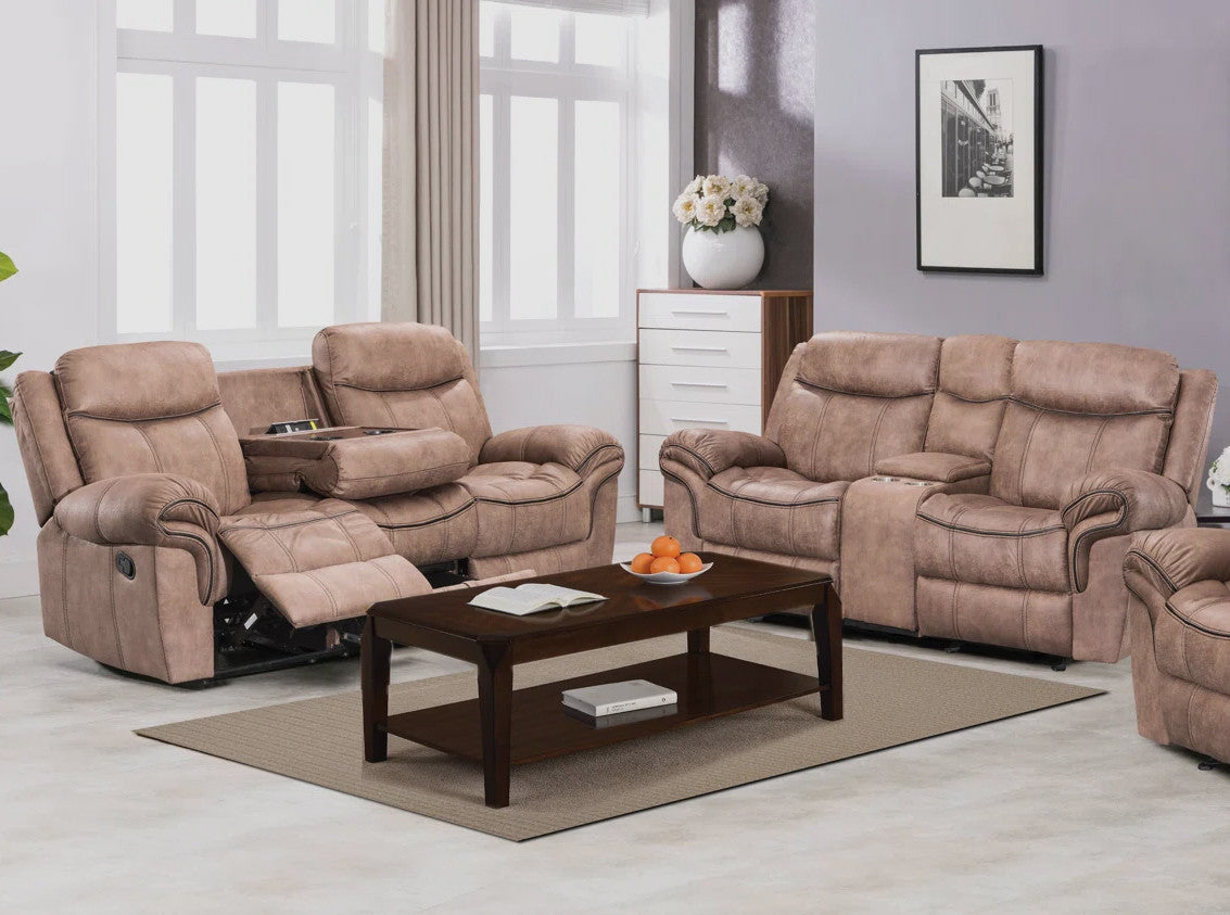 MORGEN Sand Micro-Suede Gliding Reclining Sofa & Loveseat with Pull-Out Drawer