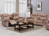 MORGEN Sand Micro-Suede Gliding Reclining Sofa & Loveseat with Pull-Out Drawer