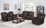 MORGEN Brown Leatherette Gliding Reclining Sofa & Loveseat with Pull-Out Drawer