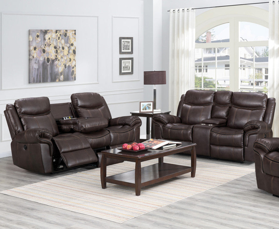 MORGEN Brown Leatherette Gliding Reclining Sofa & Loveseat with Pull-Out Drawer
