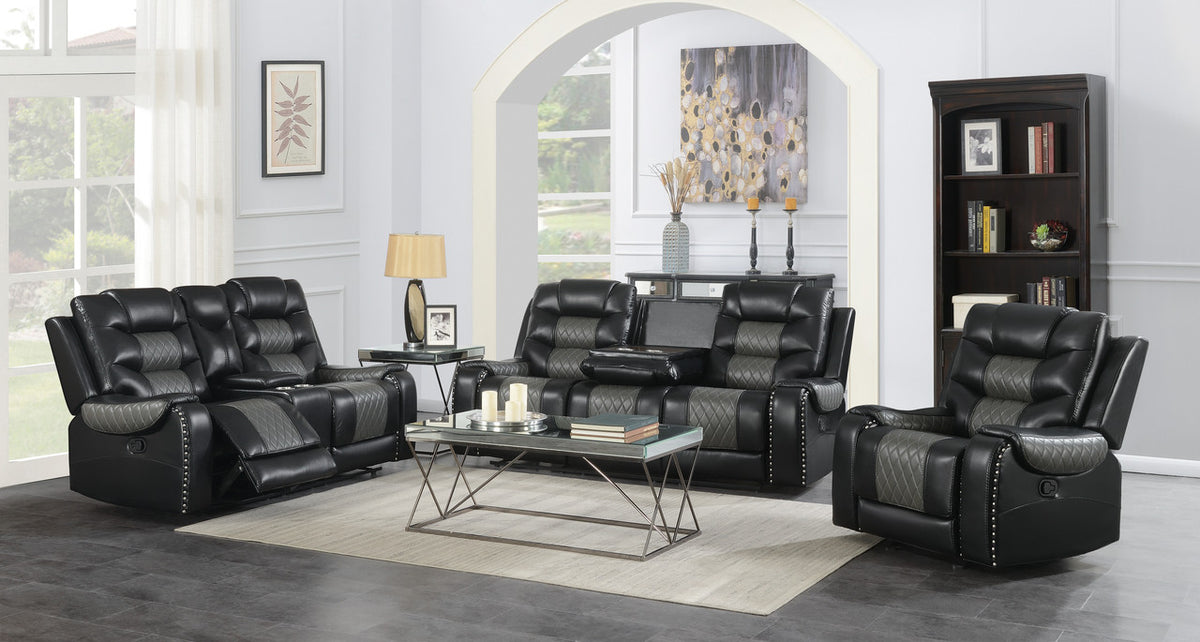 MORRISTON Black & Gray Reclining Sofa, Loveseat & Chair