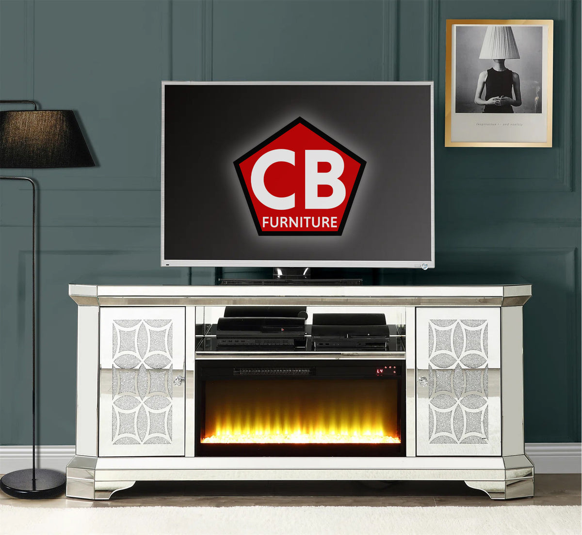 MURAL Mirrored 67" Wide TV Stand with LED Lights