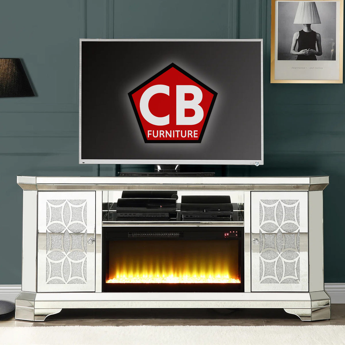 MURAL Mirrored 67" Wide TV Stand with LED Lights