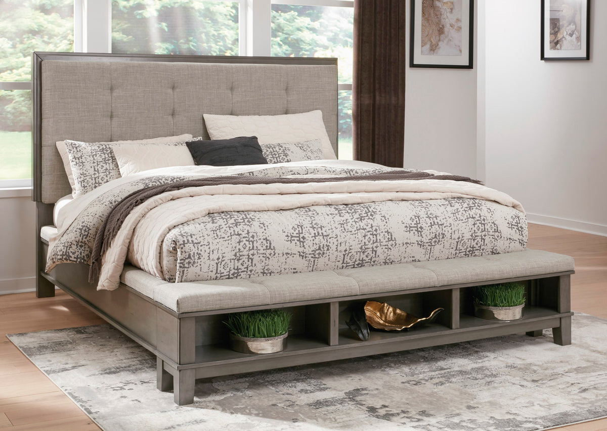 NELA Gray Bed with Padded Storage Bench