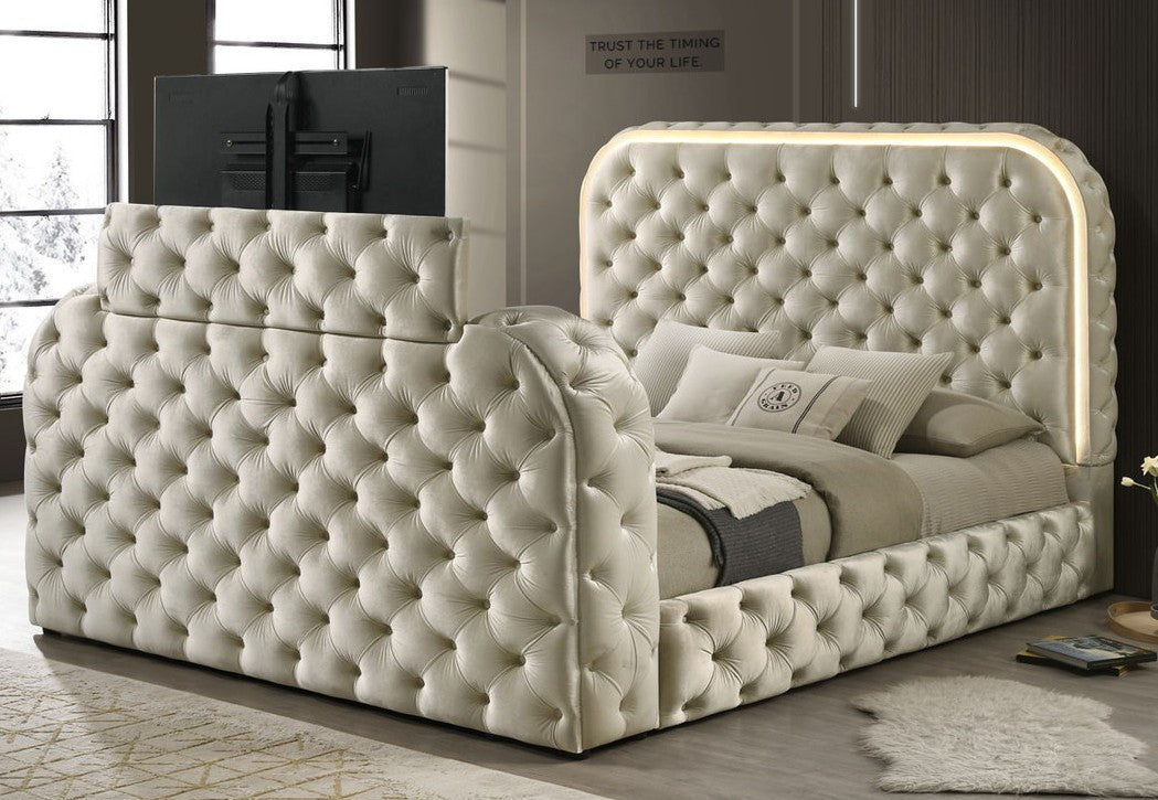 NAOMI LED Beige Velvet Platform Bed with Fireplace and Lift-Up TV Mount