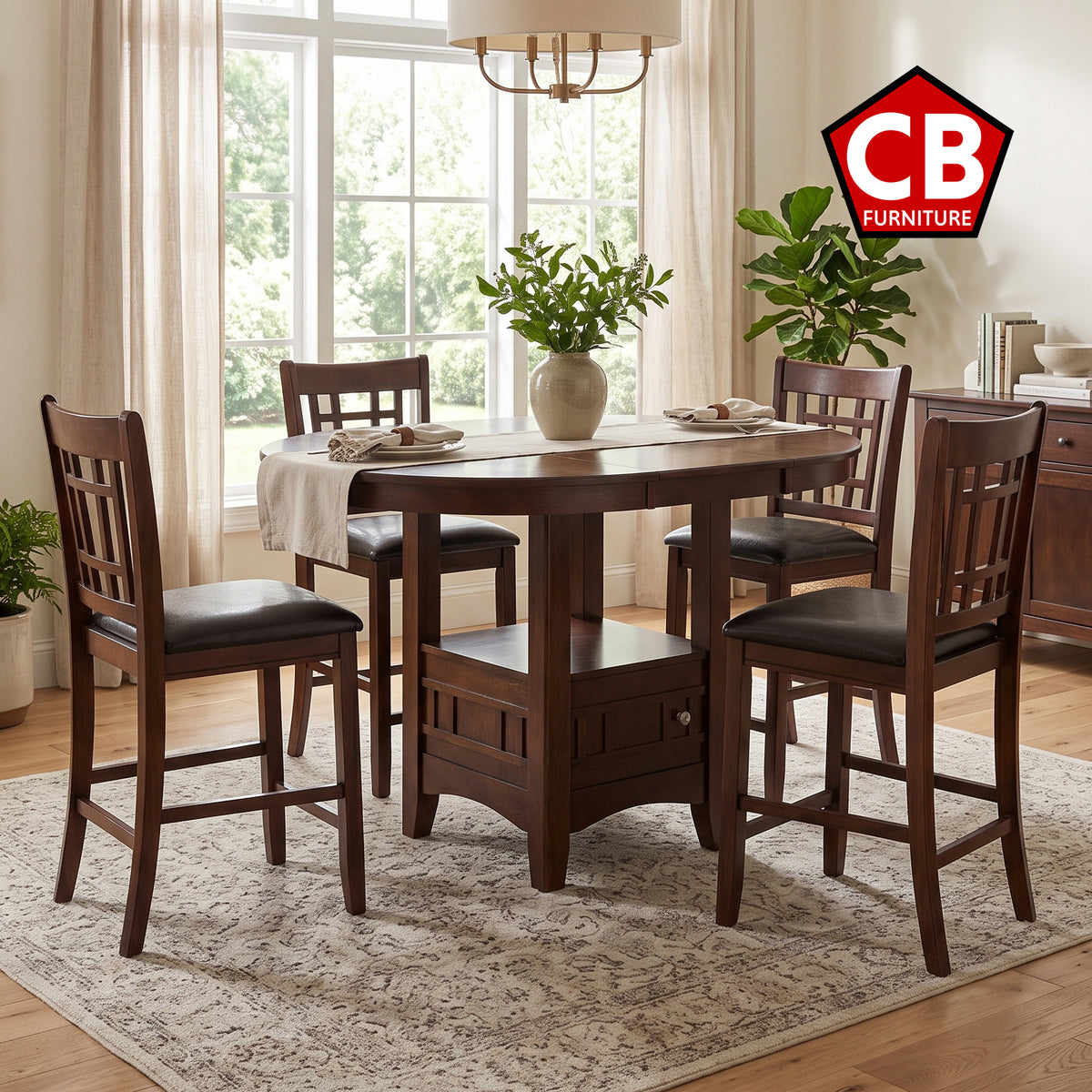 OLIVETTE Cherry 5-Piece Counter Height Set with Cabinet Storage