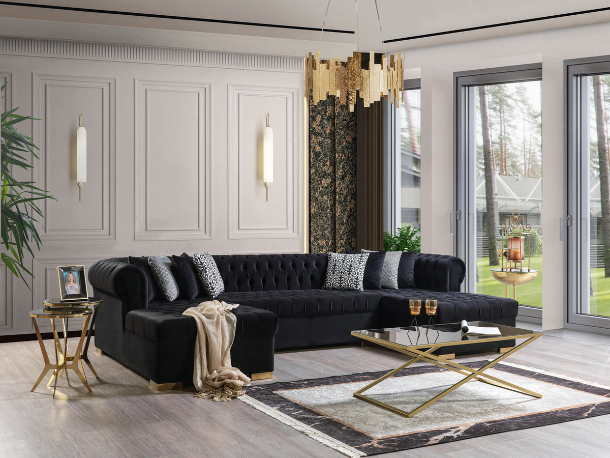 PACKARD Black Velvet 141" Wide Double Chaise Sectional