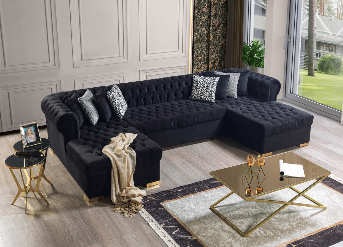 PACKARD Black Velvet 141" Wide Double Chaise Sectional