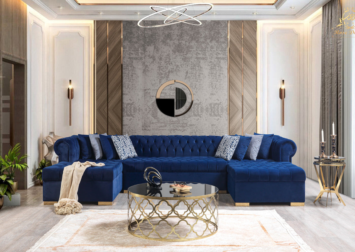 PACKARD Blue Velvet 141" Wide Double Chaise Sectional