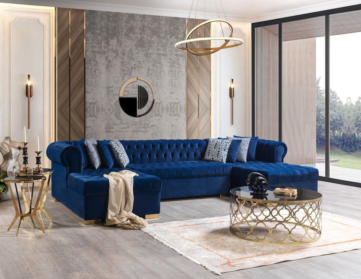 PACKARD Blue Velvet 141" Wide Double Chaise Sectional