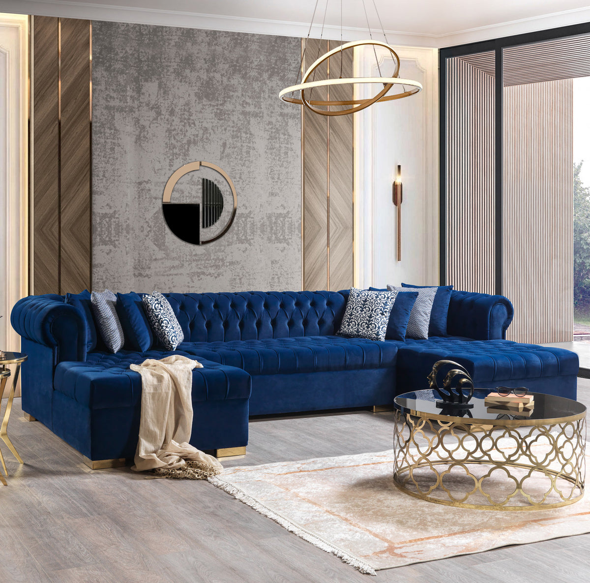 PACKARD Blue Velvet 141" Wide Double Chaise Sectional