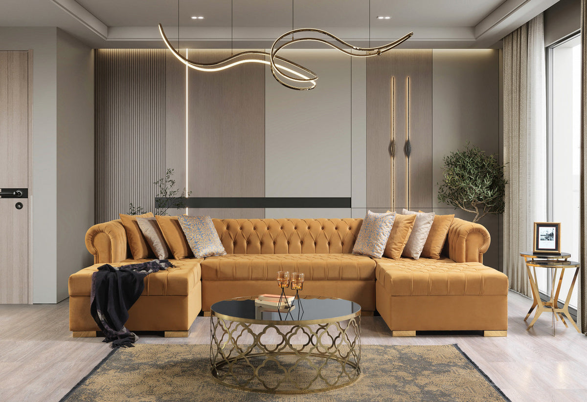 PACKARD Mustard Velvet 141" Wide Double Chaise Sectional
