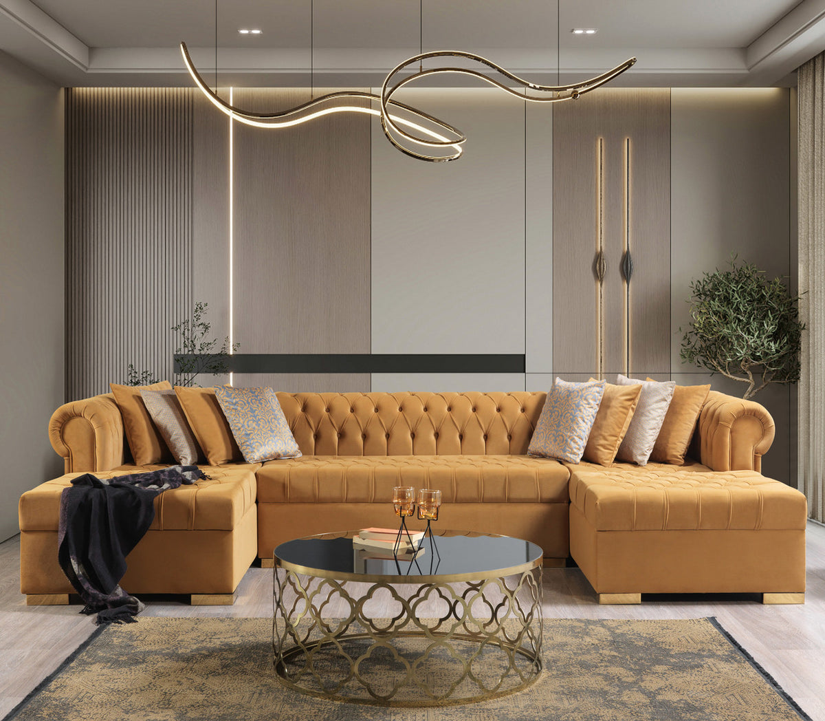 PACKARD Mustard Velvet 141" Wide Double Chaise Sectional