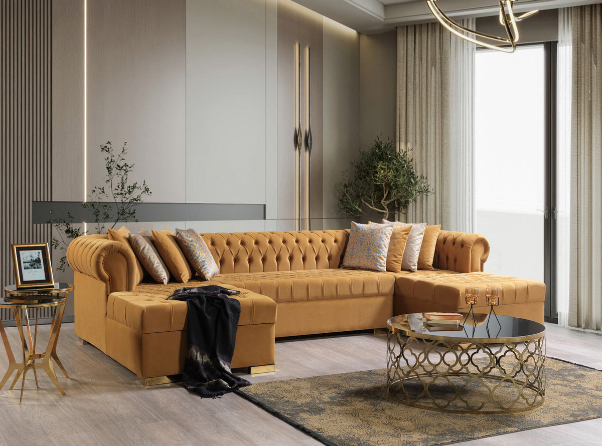 PACKARD Mustard Velvet 141" Wide Double Chaise Sectional