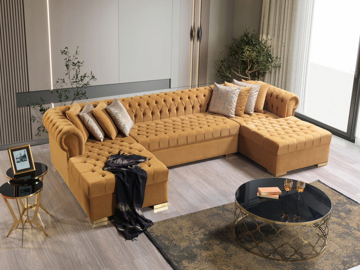 PACKARD Mustard Velvet 141" Wide Double Chaise Sectional