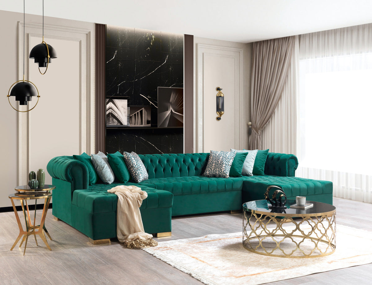 PACKARD Green Velvet 141" Wide Double Chaise Sectional