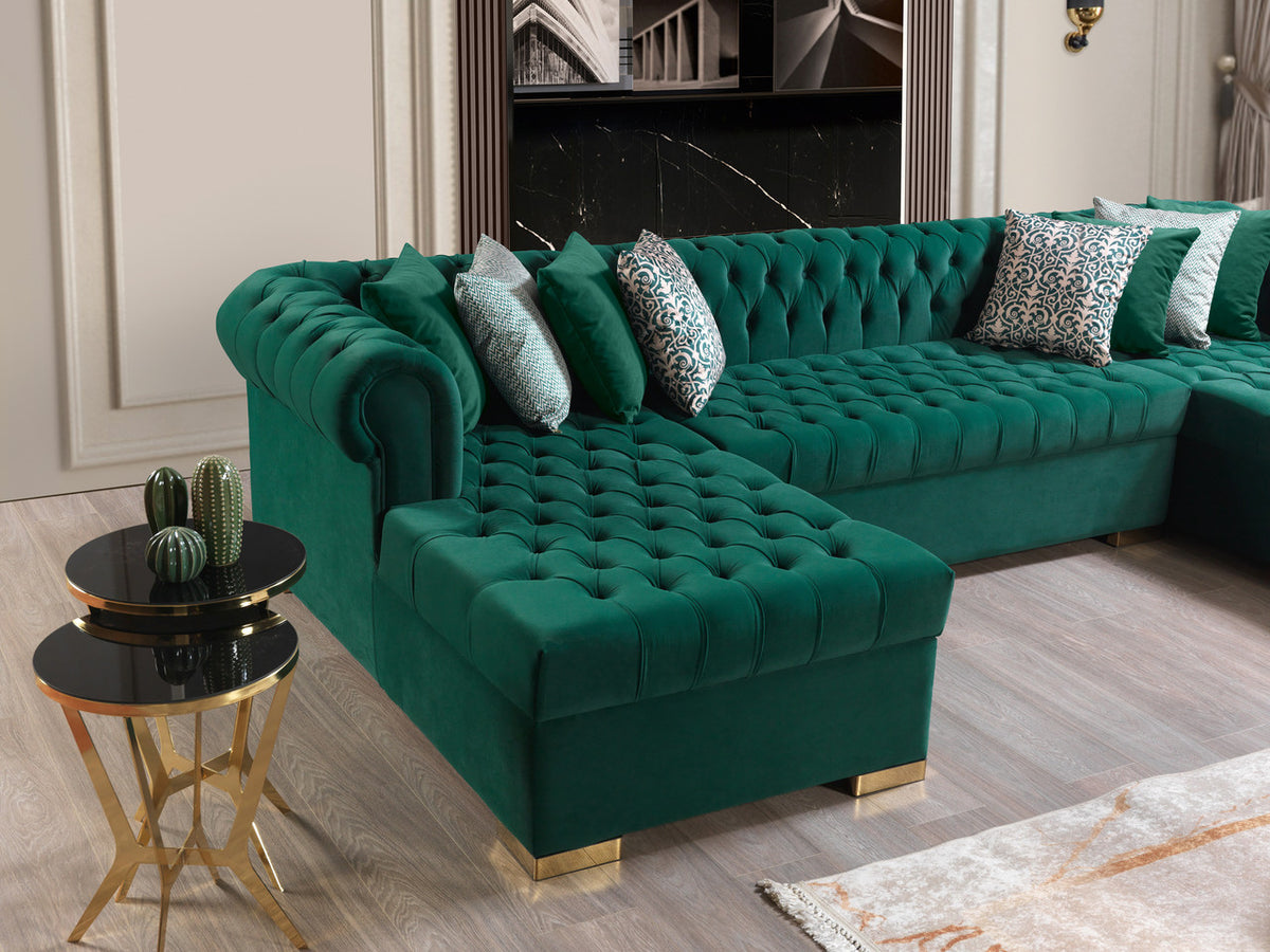 PACKARD Green Velvet 141" Wide Double Chaise Sectional