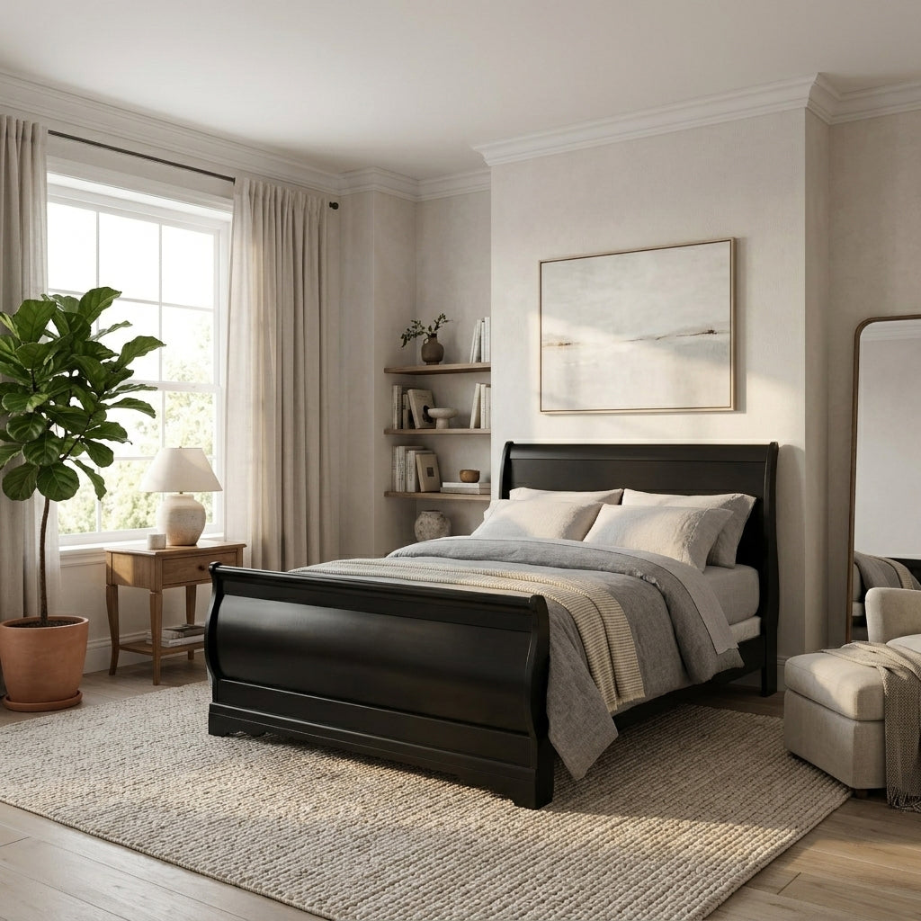 PARIS Glossy Solid Black 45" Height Sleigh Bed