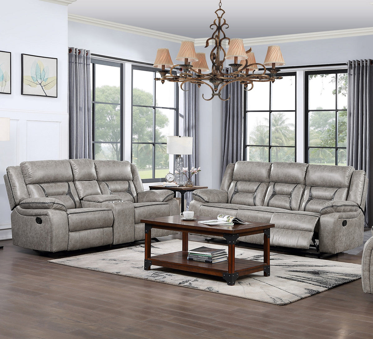 PEGASUS Light Gray Microsuede Reclining Sofa & Loveseat