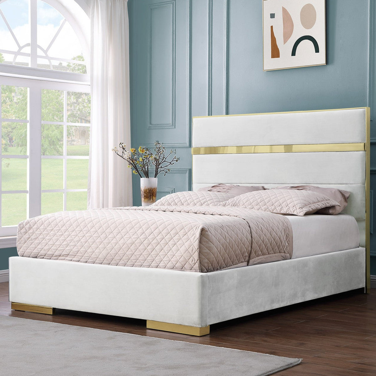 PIGUET Ivory Velvet & Gold Platform Bed