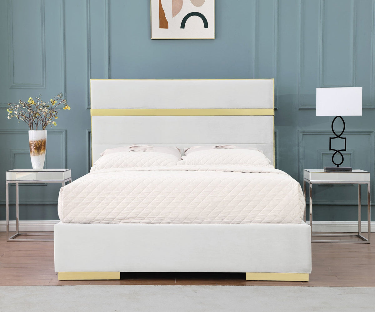 PIGUET Ivory Velvet & Gold Platform Bed