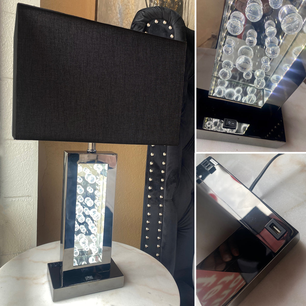 PILSNA Black Table Lamp with Night Light & Power Connections
