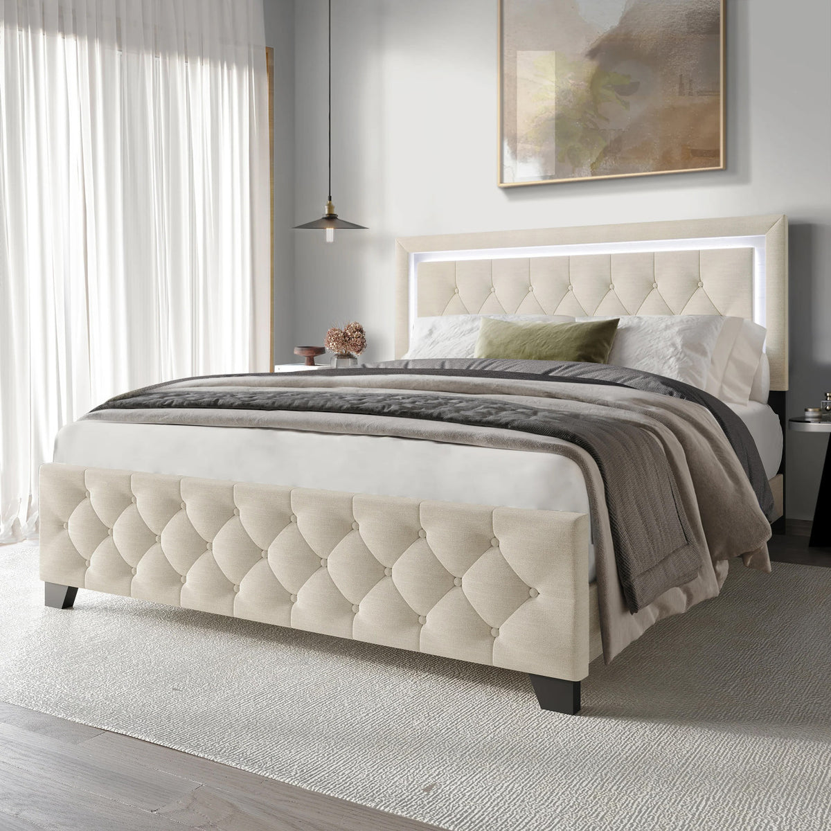 PINEDA Beige 50" Height LED Platform Bed