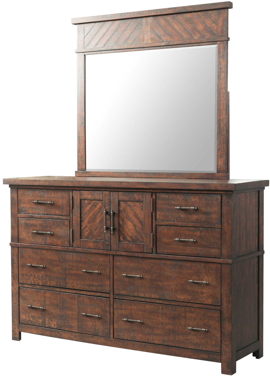 CARRIZO Rustic Cherry 62" x 80" Height Dresser & Mirror with Door Cabinets