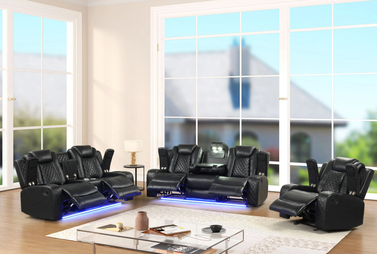 PRAGUE Black 3 Piece Reclining Livingroom with LED Lighting