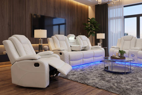 PRAGUE White 3 Piece Reclining Livingroom with Bluetooth Speakers