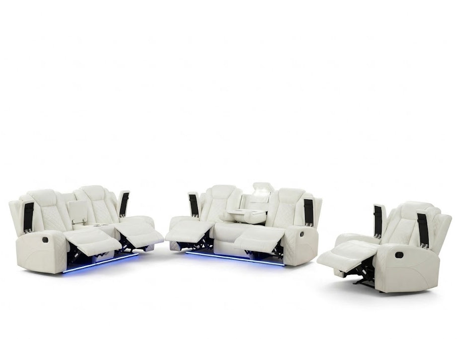 PRAGUE White 3 Piece Reclining Livingroom with Bluetooth Speakers